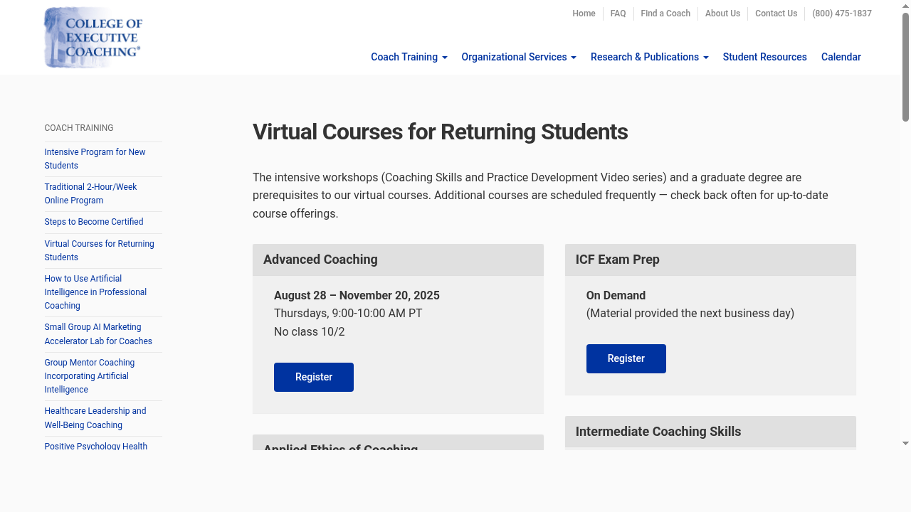 Virtual Courses for Returning Students from College of Executive Coaching