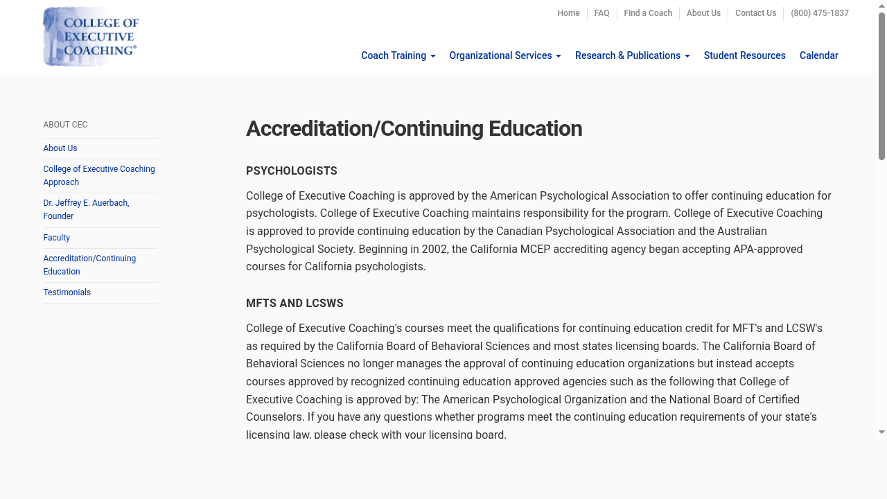 Accreditation/Continuing Education from College of Executive Coaching