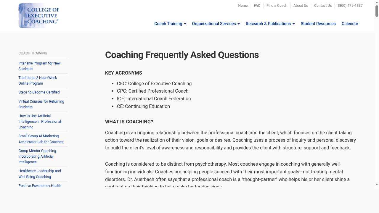Coaching FAQ from College of Executive Coaching
